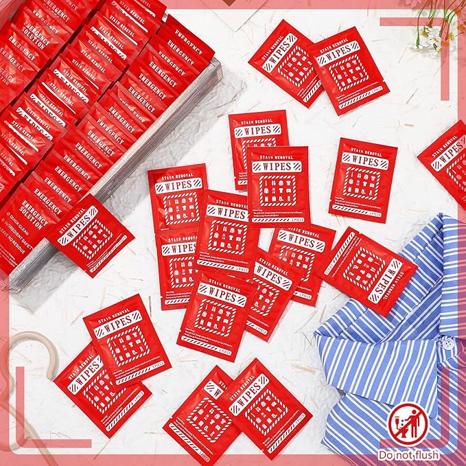 Timgle 200 Pcs Instant Stain Remover Wipes Individual Wrapped Stain Remover Wipes Bulk Portable No-rinse Cleaner for Clothes Fabric Coffee Grease Travel Purse Diaper Bag Car Laundry (Red)