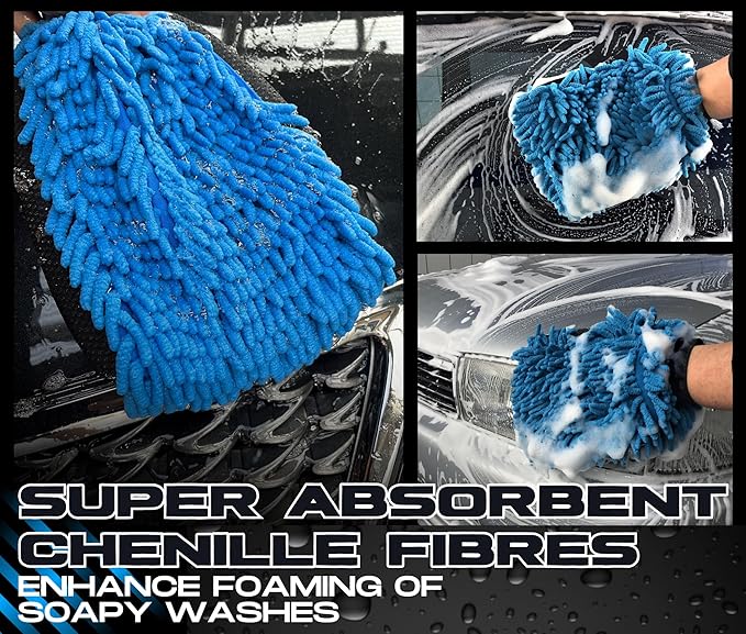 Sudz Budz® Premium Microfiber Chenille Car Washing Mitt 2 Pack | 2-in-1 Double-Sided Scrubber and Fleece Mitts. Soft, Durable, No Scratch, Lint-Free Washing and Detailing for Exterior Car Care