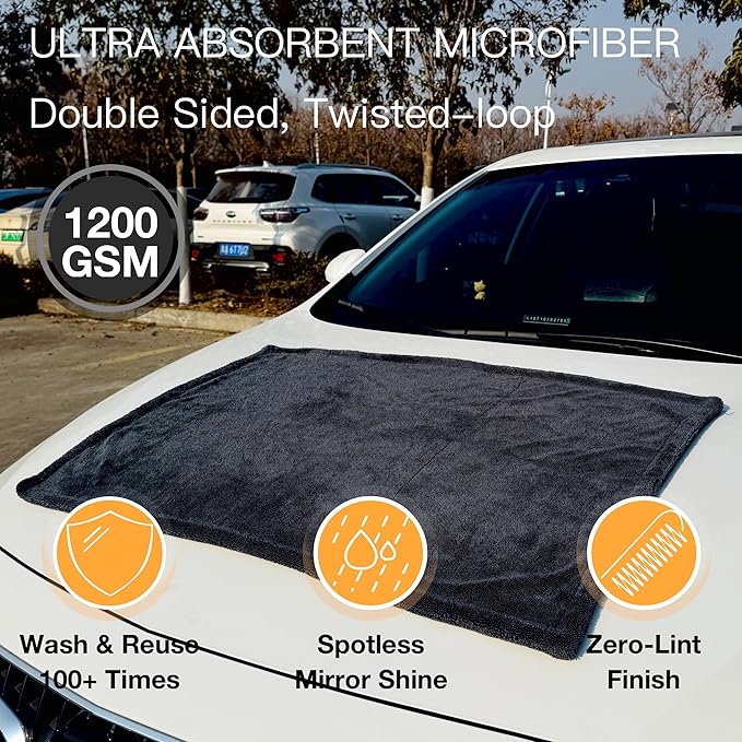 Microfiber Towel for Drying Cars - 24"x36" Jumbo Size, 1200 GSM Ultra-Thick, Scratch-Free & Super Absorbent, Zero-Lint Cloth for Car, Truck & SUV Pro Detailing - Dries Entire Vehicle in One Pass