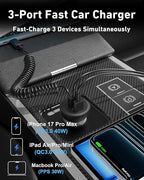 iPhone 17e 17 16 15 Pro Max Car Charger Fast Charging, 3-Port 90W Fast USB C Car Charger Adapter Cigarette Lighter with 4FT Coiled USB C Cable for iPhone 17e/17/17 Pro Max/Air/16/15 Pro/Plus, iPad