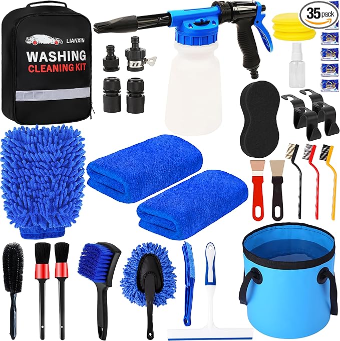 LIANXIN 37Pcs Car Wash Kit Cleaning Kits with Foam Gun Sprayer Bucket Towels Tire Brush Wash Mitt Sponge Duster Brush Car Wash Detailing Kit is Complete Car Care Tools