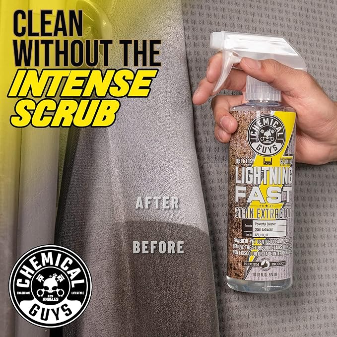 Chemical Guys SPI_191_16B Carpet & Upholstery Stain & Spot Remover Bundle - (1) 16 fl oz Lightning Fast Stain Extractor & (1) Nifty Detailing Brush, (Cars, Trucks, SUVs, RVs, Home, Interior, Pets)