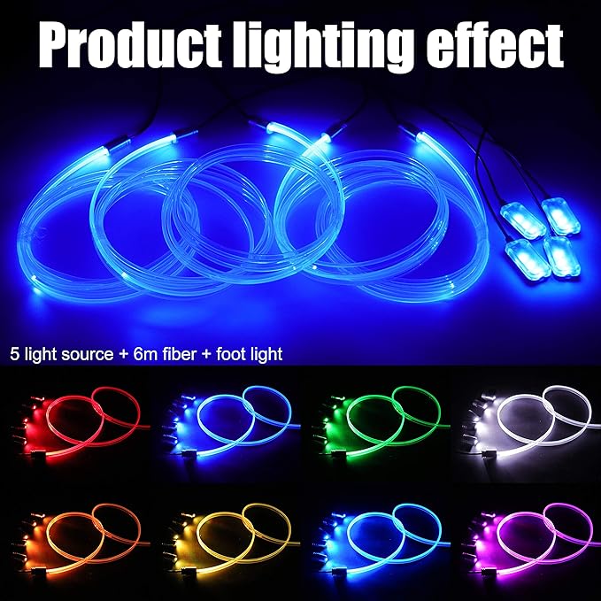 Car Interior Strip Lights, 5 in 1 Multicolor RGB Car Footwell Ambient Lighting Kit, 6m Fiber Optic EL Neon Tube Light, DIY Mode Music Sync RF Remote Control DC 12V