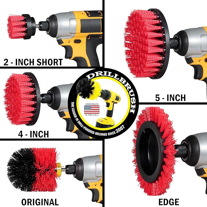 Red Stiff Bristle 5 Piece Cleaning Brush Kit - Outdoor Power Scrubber Brush Kit - Garden, Deck, and Patio Cleaning Tools Set - Concrete Stain Remover - Garden, and Lawn Equipment Cleaning Brush Set