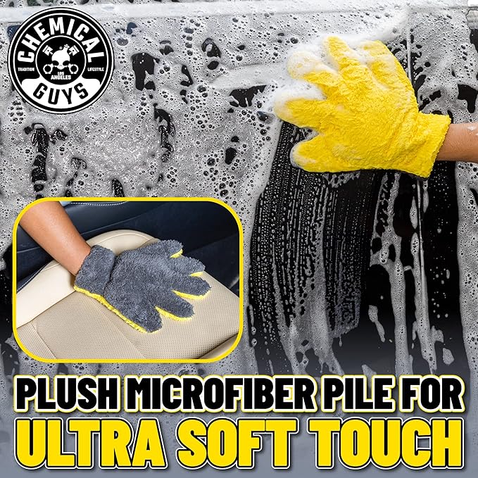 Chemical Guys The Stranger Double Sided Mitt Yellow/Black 2 Pack - Versatile Car Wash and Detailing Mitt with Scratch-Free Microfiber Cleaning (MIC51002)