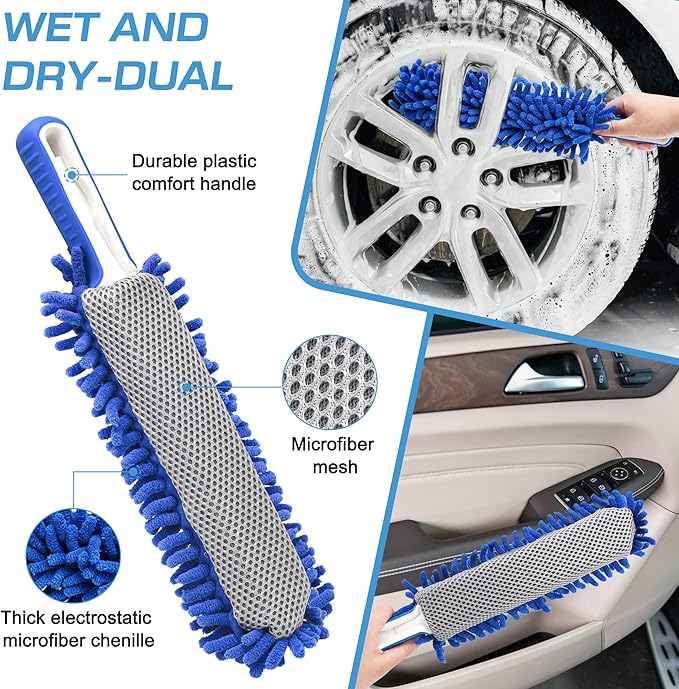 Lezcufer 65" Car Wash Brush with Long Handle, Car Wash Mop, Flow-Thru Soft Bristle Car Washing Brush with Extendable Handle and Hose Attachment for Car, SUV, Truck,RV, Boat