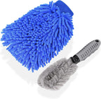 Chenille Microfiber Wash Mitt - Blue Thick and Absorbent Scratch Free Car Wash Mitt - Complete with Wheel Brush