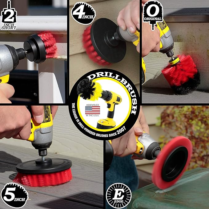 Red Stiff Bristle 5 Piece Cleaning Brush Kit - Outdoor Power Scrubber Brush Kit - Garden, Deck, and Patio Cleaning Tools Set - Concrete Stain Remover - Garden, and Lawn Equipment Cleaning Brush Set