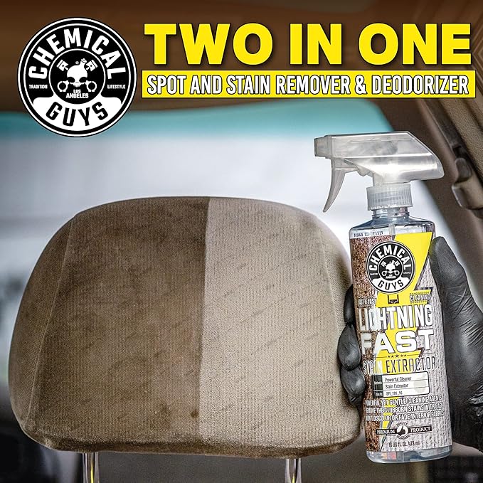 Chemical Guys SPI_191_16B Carpet & Upholstery Stain & Spot Remover Bundle - (1) 16 fl oz Lightning Fast Stain Extractor & (1) Nifty Detailing Brush, (Cars, Trucks, SUVs, RVs, Home, Interior, Pets)