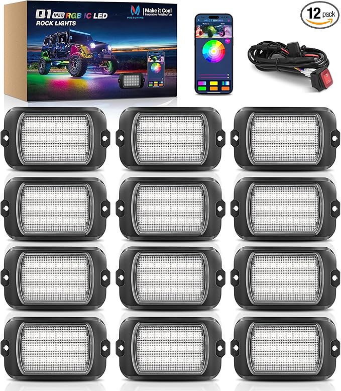 MICTUNING Q1+ MAX 12 Pods Ultra-Bright RGB+IC Rock Lights, Multi-Color Chasing Underglow Lighting, Extensible to 24 Pods, APP Music Sync & DIY Effects, IP68 Waterproof