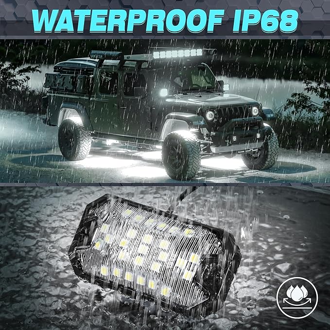 12 Pods Pure White Rock Lights, 6000K Pure White 27 LEDs Super Bright LED Underglow Neon Light, 10m Extension Wire, IP68 Waterproof for Trucks Pickup SUV UTV ATV RZR Car Boats