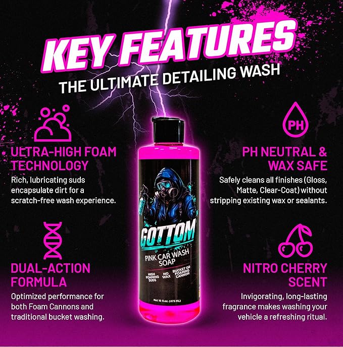 Gottom Car Wash Soap, Pink, (16 oz), Nitro Cherry Scent - High Suds Car Shampoo for Foam Cannon & Bucket Wash, pH Neutral Foam Soap, Safe for Paint & Sealants