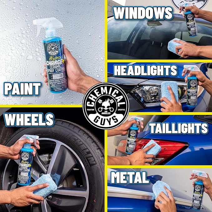 Chemical Guys WAC23016 HydroCharge High-Gloss Hydrophobic SI02 Ceramic Spray Coating, 16 fl oz + MIC_292_02 Microfiber Applicator (2 Pack) + MIC_506_03Premium Microfiber Towels (16"x16") 3 Pack