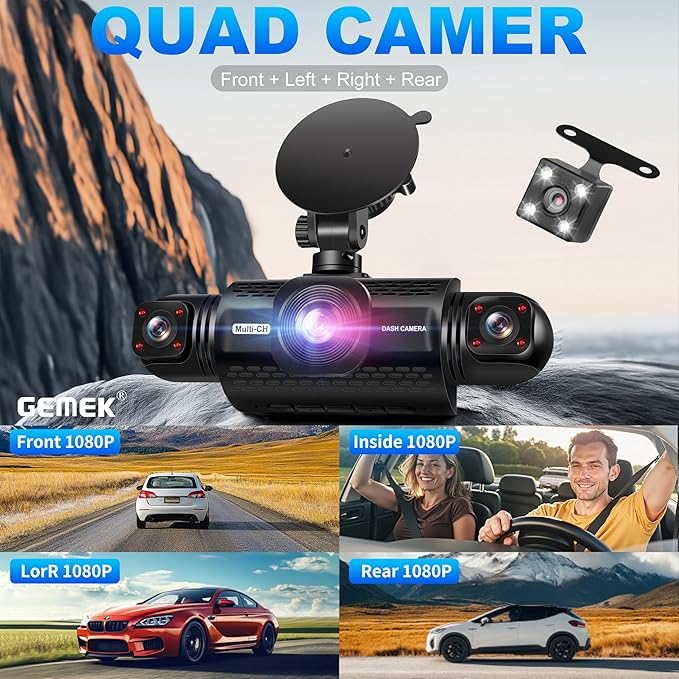 360 Degree View 4 Channel Dash Cam Front and Rear Inside Left Right, GEMEK Dash Camera for Cars FHD 1080P Free 64GB TF Card, Multi-Ch Dash Camera for Cars,Night Vision, 24H Parking Mode