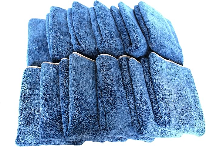 Maxshine 12 Pack Microfiber Towel - 600GSM Ultimate Crazy with Silver Silk Border, Dark Blue, 16”x24” (40x60cm) - Rinse-Free, Scratch-Free Drying Towels for Cars - Ideal for Car Detailing