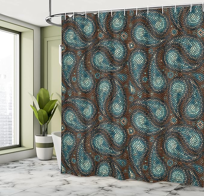 Ambesonne Paisley Shower Curtain, Modern Mosaic Like Circled Design with Teardrop Shaped Art Print, Cloth Fabric Bathroom Decor Set with Hooks, 69" W x 75" L, Brown Blue and Dark Blue