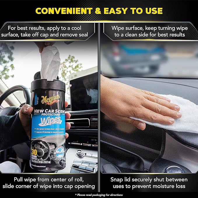 Meguiar's New Car Scent Protectant Wipes - Easy to Use Wipes that Protect and Freshen Your Interior - Ideal for Car Detailing & Maintenance - 30 Count (Pack of 6)