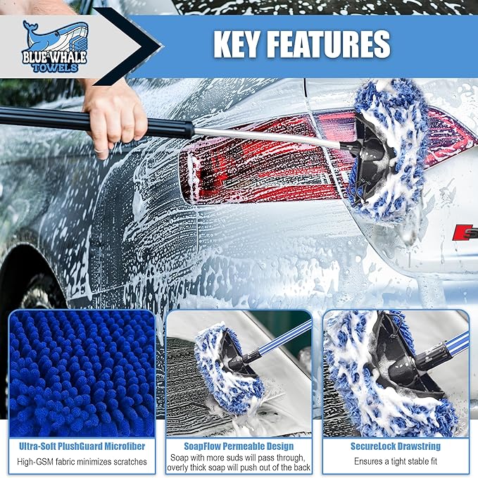 Plush Guard - Heavy Duty High GSM Microfiber Car Wash Brush Cover - Chenille Sleeve with Drawstring for Secure Fit, Soap-Passing, Washable, Scratch-Free Protection for Public Car Wash Brushes