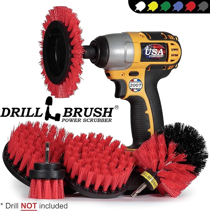Red Stiff Bristle 5 Piece Cleaning Brush Kit - Outdoor Power Scrubber Brush Kit - Garden, Deck, and Patio Cleaning Tools Set - Concrete Stain Remover - Garden, and Lawn Equipment Cleaning Brush Set
