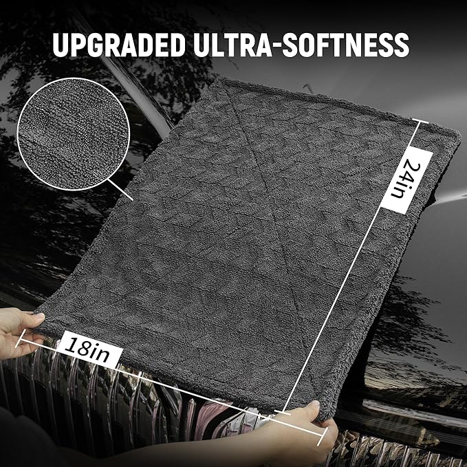 LIVOS Car Drying Towel, Premium Microfiber Towels for Cars, 1000GSM, Edgeless Twisted Loop Design, No Streaks, Scratches, or Water Spot, Absorbent Wash Towel, 18" x 24" (Wave Grey)