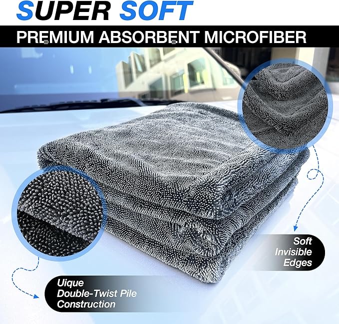 24" x 36" Car Drying Towel, Extra Large Double Twisted Loop Microfiber Towel, 1500 GSM, Ultra Absorbent Detailing Cleaning Cloth for Cars Trucks SUVs, Grey 1 Pack