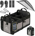 Compact Car Trunk Organizer 2-Section – Grocery, Tools, Cleaning Supplies Storage – Foldable Dual-Compartment Cargo Bin with Cover Net – Gray