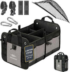 Compact Car Trunk Organizer 2-Section – Grocery, Tools, Cleaning Supplies Storage – Foldable Dual-Compartment Cargo Bin with Cover Net – Gray