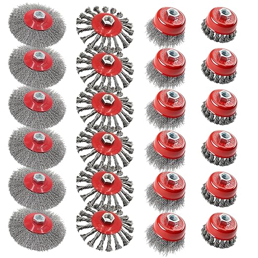 24 Pack Wire Wheel Brush Set 12Pcs 4-1/2” Wheel Brush 12Pcs 3” Cup Brushes for 4-1/2” Angle Grinder with 5/8 Inch-11 Threaded Arbor Carbon Steel Wire Wheel for Heavy-Duty Conditioning Removing Rust