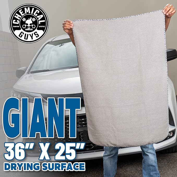 Chemical Guys Waffle Weave Gray Matter Microfiber Drying Towel - 25" x 36", Premium Blend Microfiber Towel with Soft-Banded Edging for Scratch-Free Car Drying, Ultra Absorbent