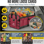 4-Section Trunk Organizer for SUV, Truck, Van, Sedan – Modular Extra Large Cargo Bin, Detachable Car Trunk Storage with Dividers, Collapsible Auto Organization System – Cherry