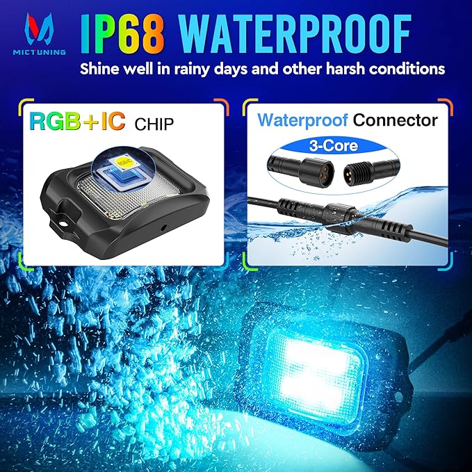 MICTUNING C2+ RGB+IC Rock Lights - 16 Pods Dynamic Chasing Color Underglow Neon Kit, Extensible to 24 Pods, Bluetooth APP Control & IP68 Waterproof, for Trucks Cars ATV UTV Golf Cart (2 Year Warranty)