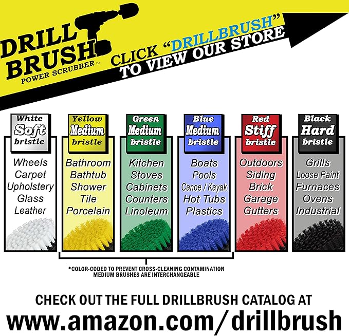 Drillbrush 3 Brush Kit - Drill Brush Cleaning Supplies - White Soft for Leather, Glass, Carpet - Green Medium for Kitchen, Bathroom, Tub, Sinks, Flooring - Black Ultra Stiff for Garage Floors, Stone