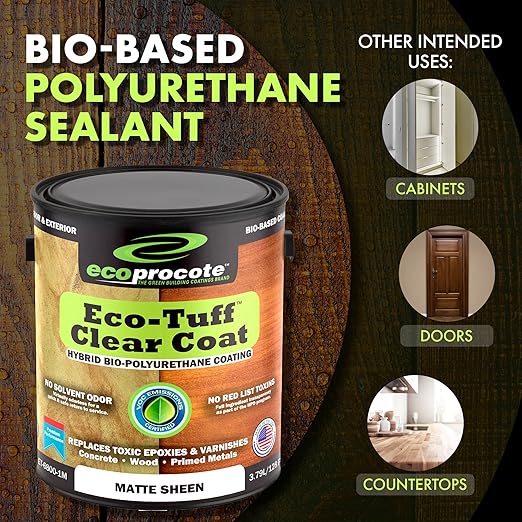Eco-Tuff Finish Polyurethane Clear Coat — UV Resistant & Non-Toxic Wood Sealer — Clear Protective Water Based Sealant for Concrete Surface, Wood Floor, Cabinet, Countertop,Furniture — 1 Gallon — Matte