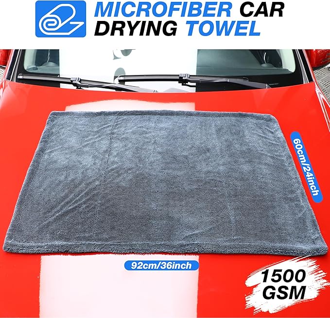 24" x 36" Car Drying Towel, Extra Large Double Twisted Loop Microfiber Towel, 1500 GSM, Ultra Absorbent Detailing Cleaning Cloth for Cars Trucks SUVs, Grey 1 Pack