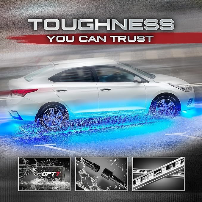 OPT7 Aura Aluminum Car Underglow Lights with Remote Control, Exterior Neon Accent Under Glow Kit for Cars, Waterproof Rigid Light Bars, 12V RGB Multicolor LED Strip