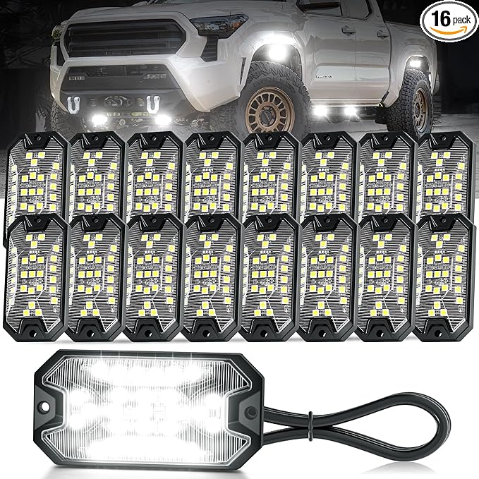 16 Pods Pure White Rock Lights, 6000K Pure White 27 LEDs Super Bright LED Underglow Neon Light, 10m Extension Wire, IP68 Waterproof for Trucks Pickup SUV UTV ATV RZR Car Boats