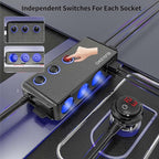EUGIZMO Cigarette Lighter Plug Splitter, 3 Socket 200W Car Cigarette Lighter Adapter USB Charger Extension Cord Multi Port Power Plug 12V/24V Splitter with LED Voltage Display Independent Switches