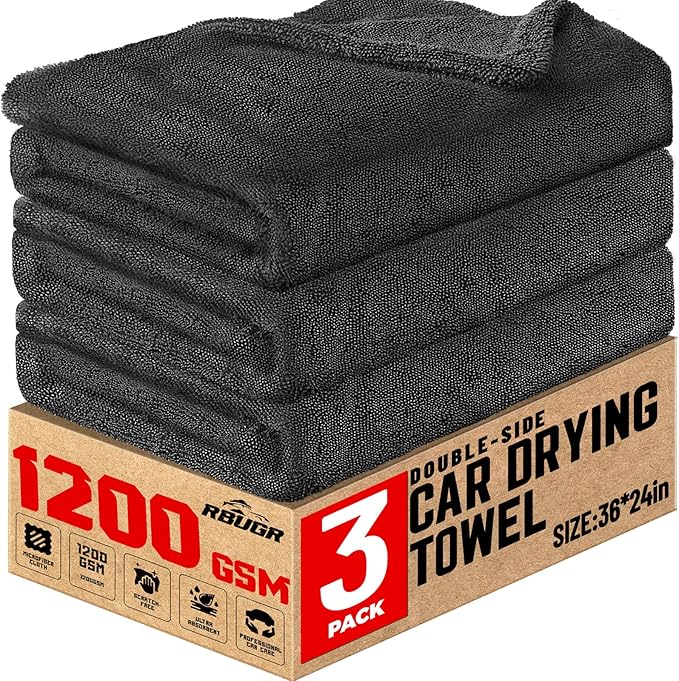 RBUGR Microfiber Towels for Cars, 3 Pack Dual Sided Drying Towels Car Detailing， 1200GSM Car Drying Towel(24″x 36″), Ultra Absorbent Car Cleaning Towel, No Streak or Scratch, Machine Washable