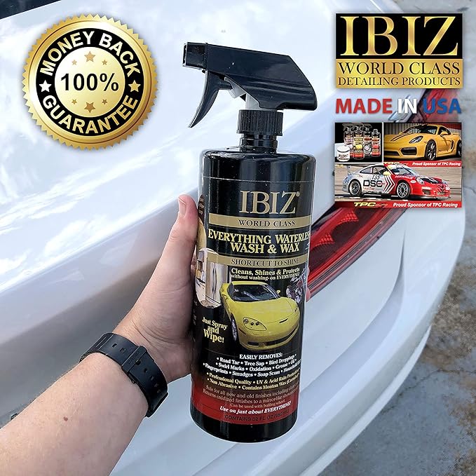 IBIZ Waterless Wash and Wax - 32oz Premium Carnauba Formula - Safe for All finishes - Rinse Free - Long Lasting Shine, Deep Gloss, and Advanced Protection.