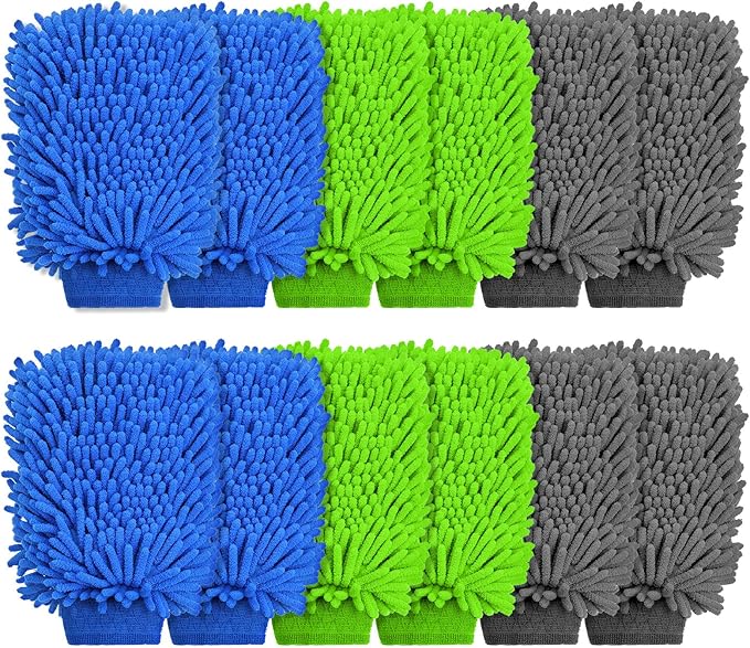 12 Pcs Car Wash Mitts, Scratch-Free Microfiber Chenille Glove Mitts for Auto Detailing, Lint-Free and Highly Absorbent, Double-Sided Plush Mitts in Green Blue Gray, 10.2 x 7.5 Inch