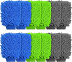 12 Pcs Car Wash Mitts, Scratch-Free Microfiber Chenille Glove Mitts for Auto Detailing, Lint-Free and Highly Absorbent, Double-Sided Plush Mitts in Green Blue Gray, 10.2 x 7.5 Inch