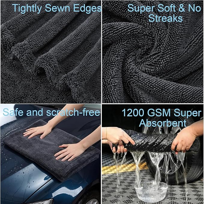 4 Pack 35 x 24 Inch Car Drying Towels 1200 GSM Microfiber Towel for Cars, Absorbent Detailing Cloth for SUV, Rv, Truck and Window, Grey
