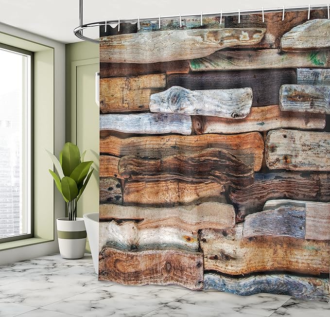 Ambesonne Driftwood Shower Curtain, Wooden Theme Driftwood and Knotty Planks in The Vintage Style Design Digital Image, Cloth Fabric Bathroom Decor Set with Hooks, 69" W x 75" L, Brown
