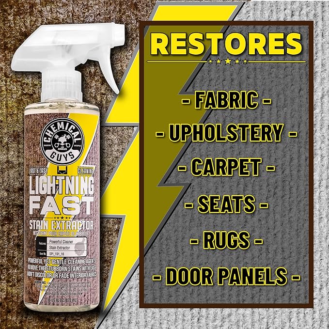 Chemical Guys SPI_191_16B Carpet & Upholstery Stain & Spot Remover Bundle - (1) 16 fl oz Lightning Fast Stain Extractor & (1) Nifty Detailing Brush, (Cars, Trucks, SUVs, RVs, Home, Interior, Pets)