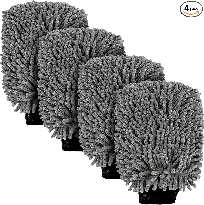 Car Wash Mitt Microfiber, Premium Chenille Microfiber Wash Car Mitts Sponge Scratch Free & Lint-Free, Mitts Waterproof Lining 4 Pack Gray(8''X12'')