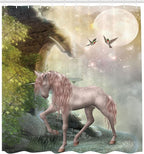 Ambesonne Hummingbirds Shower Curtain, Unicorn Green Spring Leaves Birds Twinkling Star Moon Mystic Fantasy, Cloth Fabric Bathroom Decor Set with Hooks, 69" W x 70" L, Dark Eggshell Fern Green