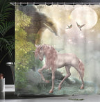 Ambesonne Hummingbirds Shower Curtain, Unicorn Green Spring Leaves Birds Twinkling Star Moon Mystic Fantasy, Cloth Fabric Bathroom Decor Set with Hooks, 69" W x 70" L, Dark Eggshell Fern Green