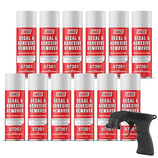 LAUCO Decal & Adhesive Remover – 13 oz Aerosol Spray – Removes Stickers, Tar, Wax, Oil, Bugs, Sap – Safe on Cured Paint, Vinyl & Fabrics – Single & Multi-Pack Option (12) 87261-12Pack
