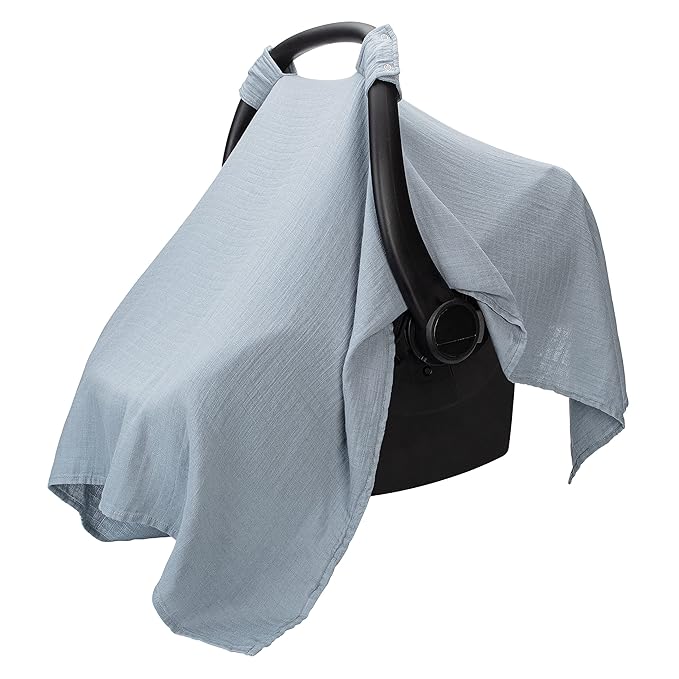 Comfy Cubs Baby Car Seat Cover - Soft, Breathable Bamboo Rayon and Muslin Cotton Blend - Lightweight Canopy for Sun, Bug, and Comfort Protection - Large Size Infant Seat Cover in Pacific Blue Design