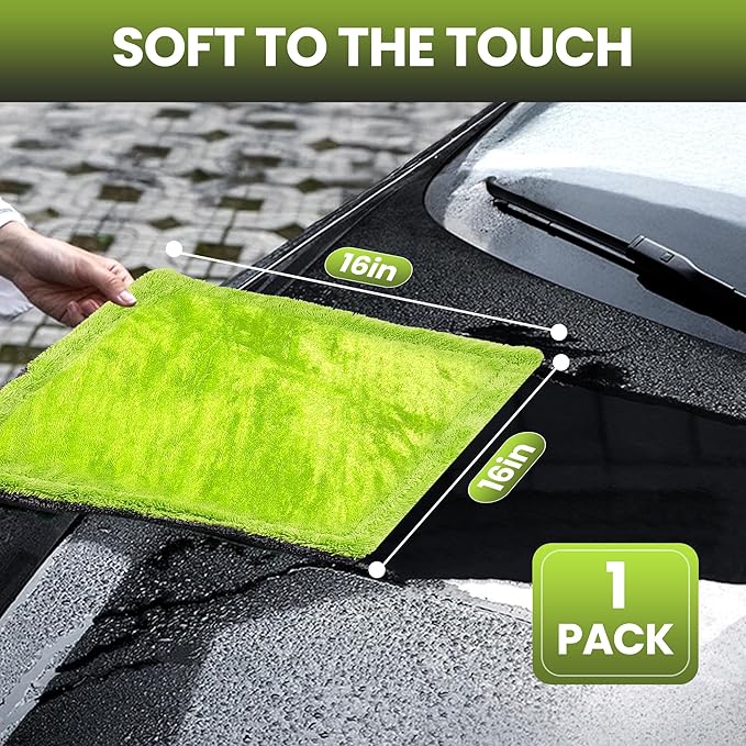2 Pack Car Drying Towels – 1200GSM Ultra Absorbent Microfiber, 35"x24" & 16"x16", Lint-Free & Streak with Car Wash Mitt & Dual-Head Duster Brush for Auto Detailing, Car, SUV, Truck (Gray-Green)